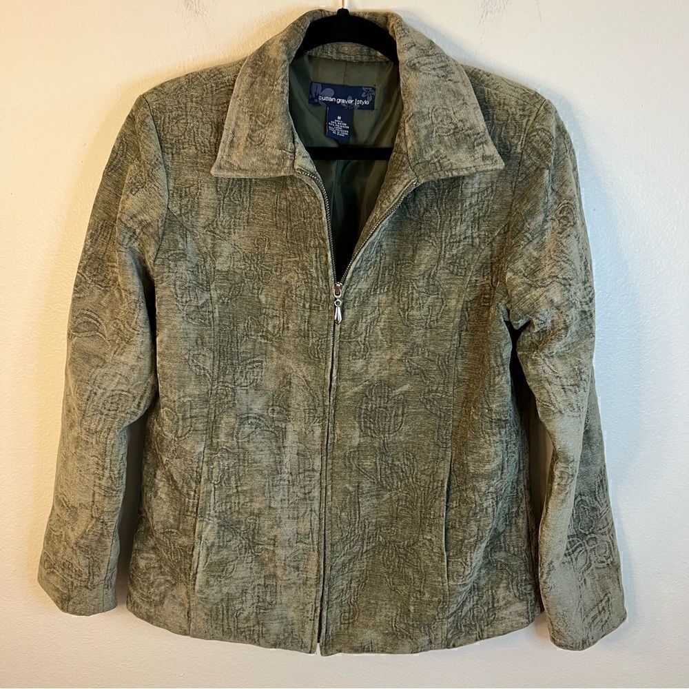 SUSAN GRAVER STYLE Jacket Women’s Faux Suede Zip Sz Medium Floral Embossed Green